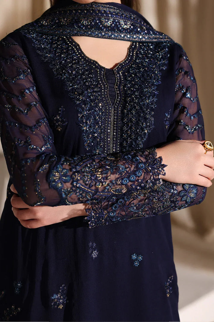Navy Blue &amp; Metallic Accent: Embroidered Chiffon Suit | Ready To Wear