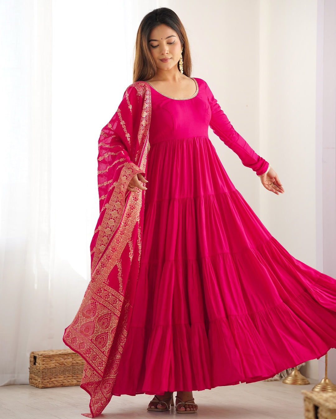 Pure Roman Silk Chanderi Fabric Gown Set