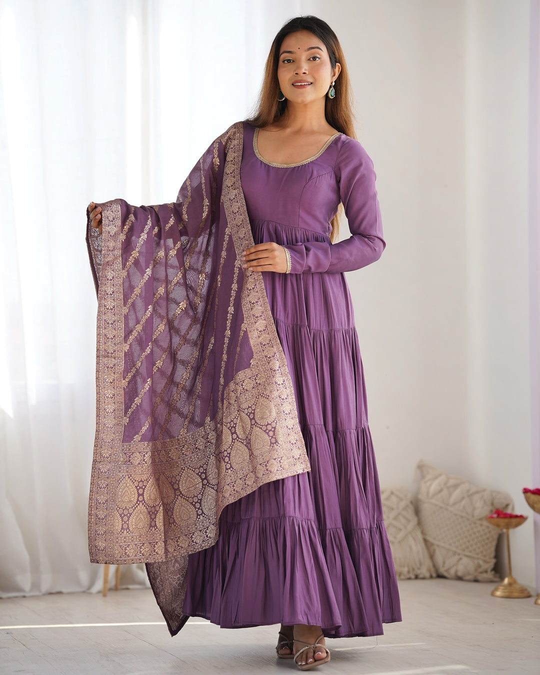 Pure Roman Silk Chanderi Fabric Gown Set