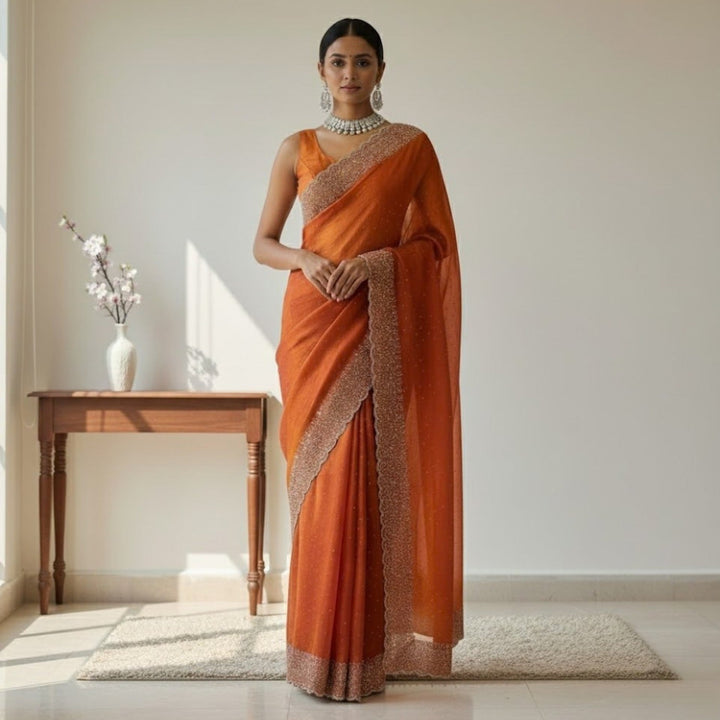 Fendy Silk With Beautiful Stone Work Saree For Women