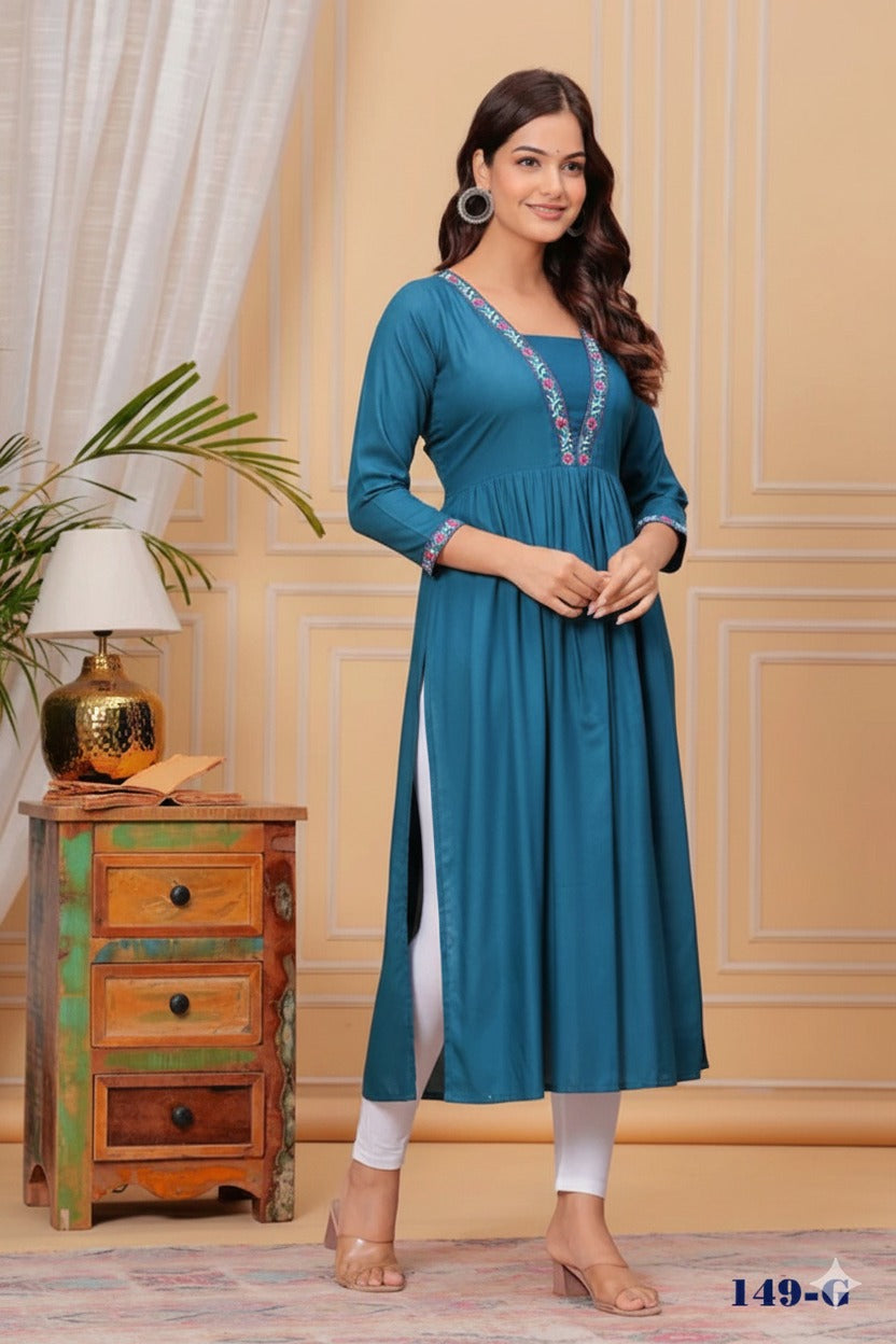 Elegant A-Line Cotton Kurti With Collar Embroidery Work  For Women 001