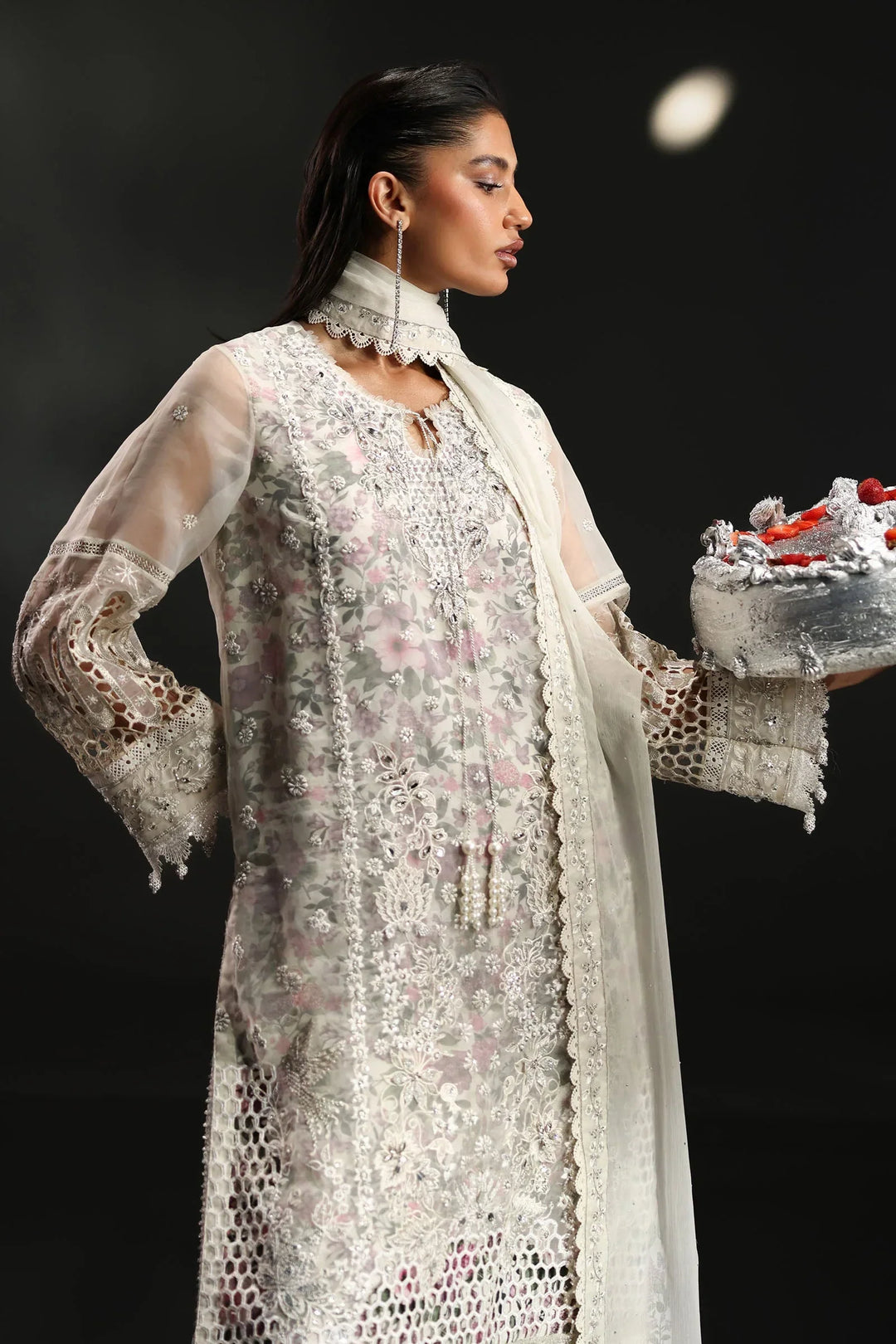 Icy White &amp; Soft Floral Accent: Embroidered Organza Suit | Ready To Wear