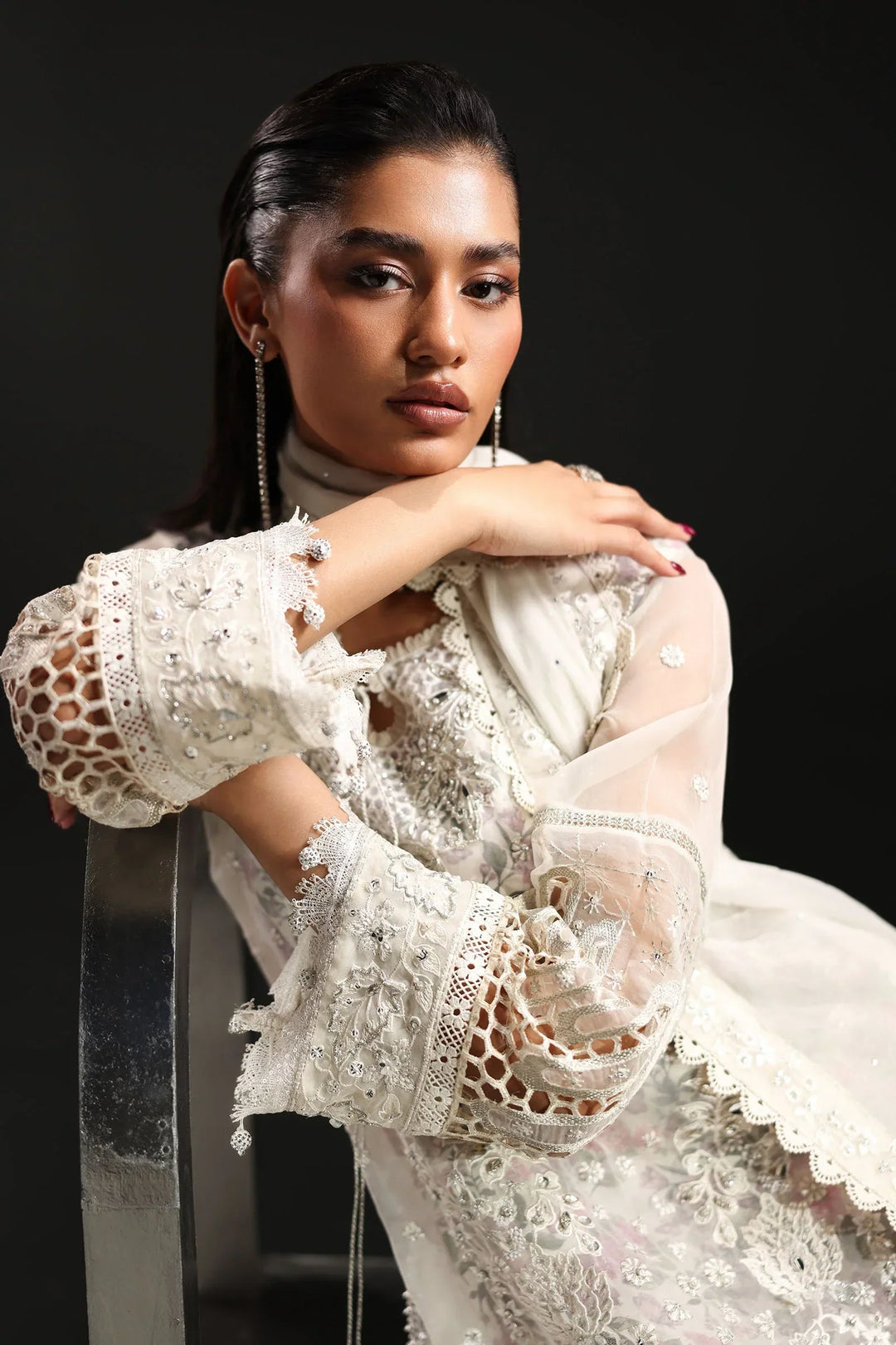Icy White &amp; Soft Floral Accent: Embroidered Organza Suit | Ready To Wear