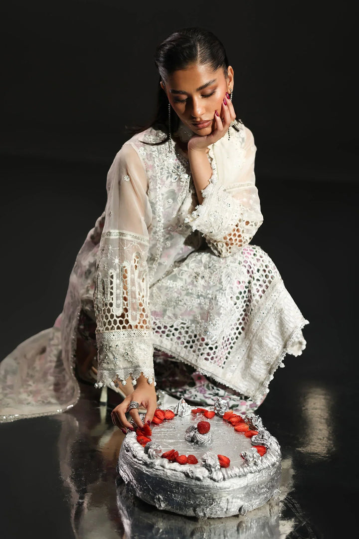 Icy White &amp; Soft Floral Accent: Embroidered Organza Suit | Ready To Wear