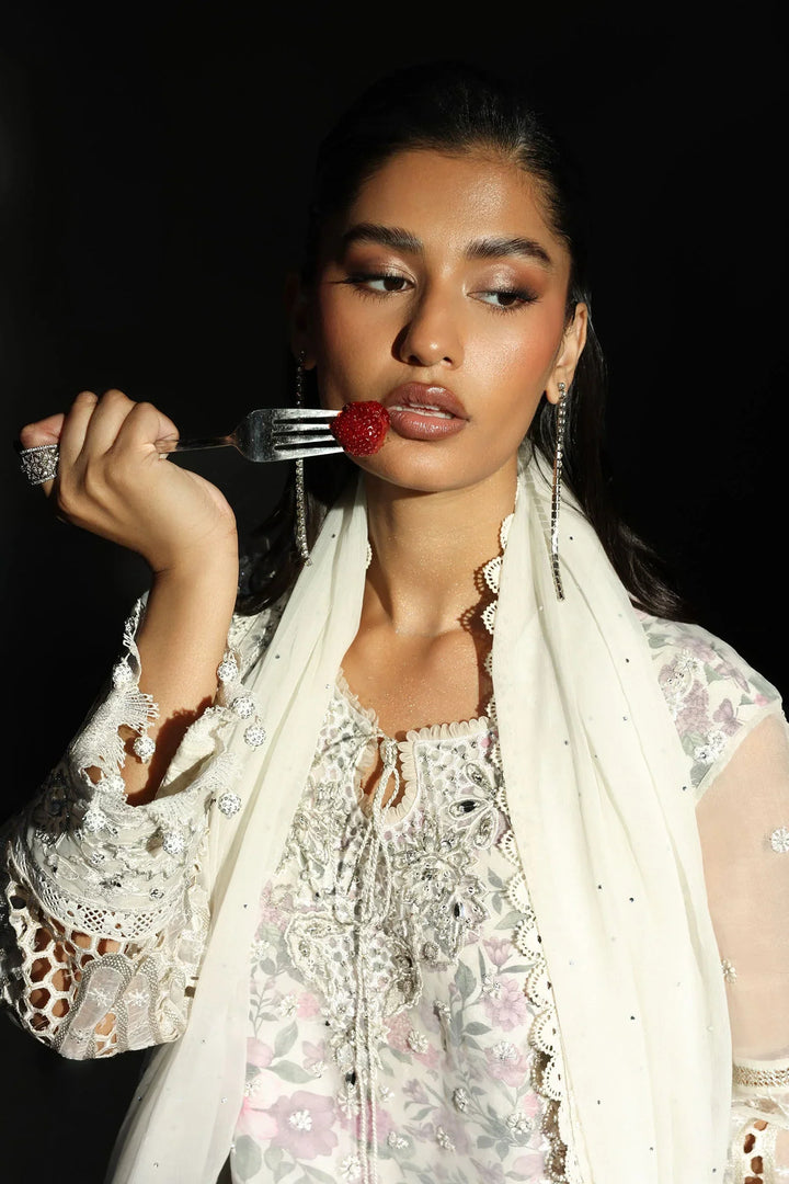 Icy White &amp; Soft Floral Accent: Embroidered Organza Suit | Ready To Wear