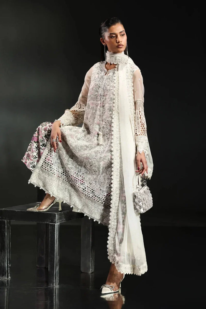 Icy White &amp; Soft Floral Accent: Embroidered Organza Suit | Ready To Wear