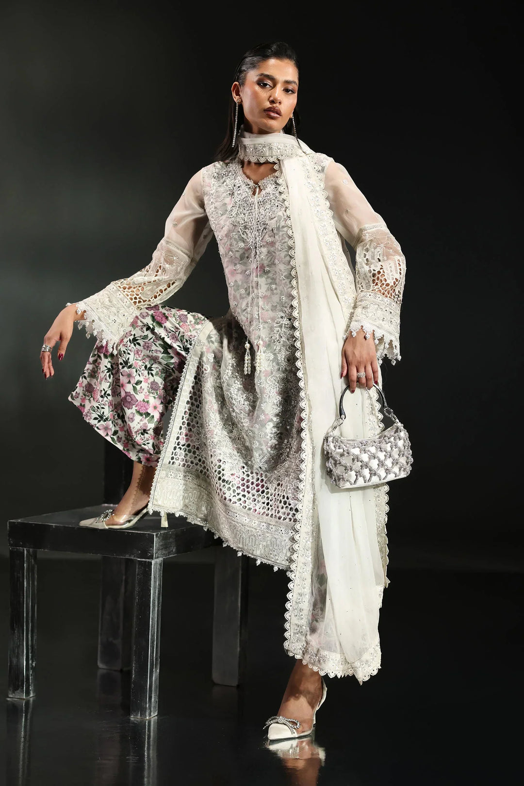 Icy White &amp; Soft Floral Accent: Embroidered Organza Suit | Ready To Wear