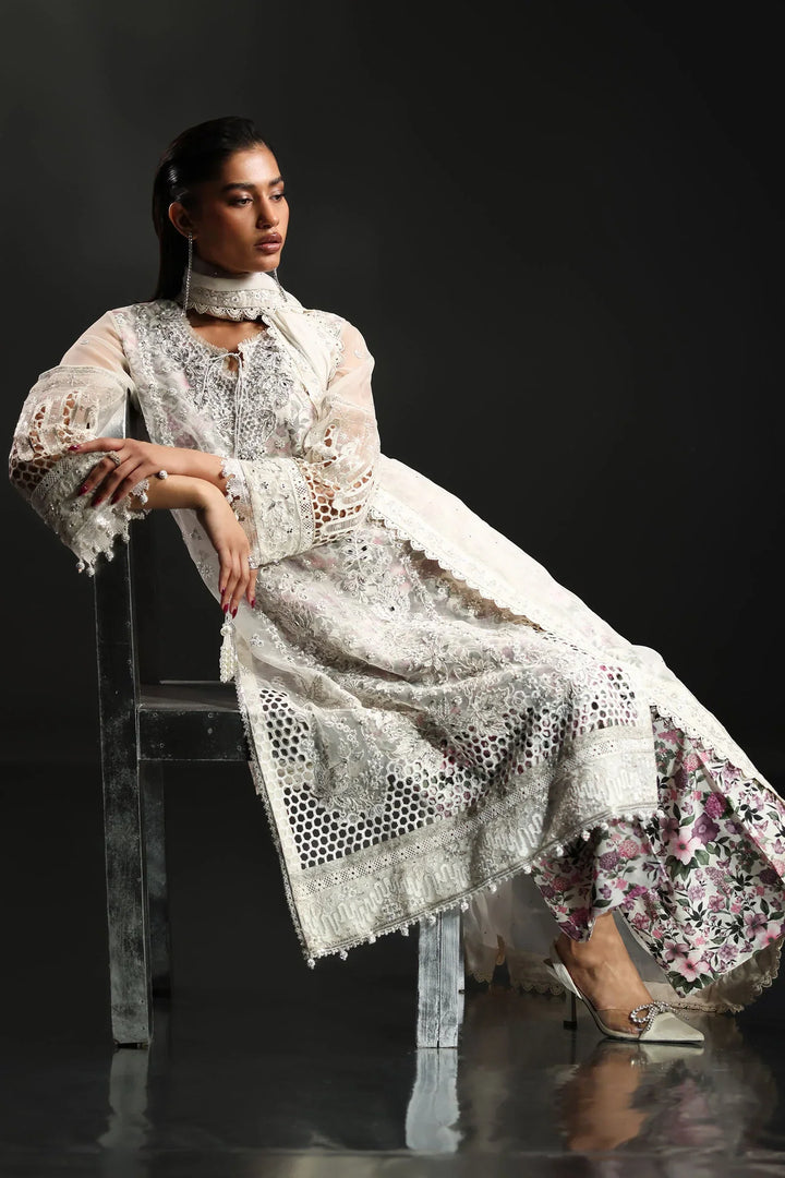 Icy White &amp; Soft Floral Accent: Embroidered Organza Suit | Ready To Wear