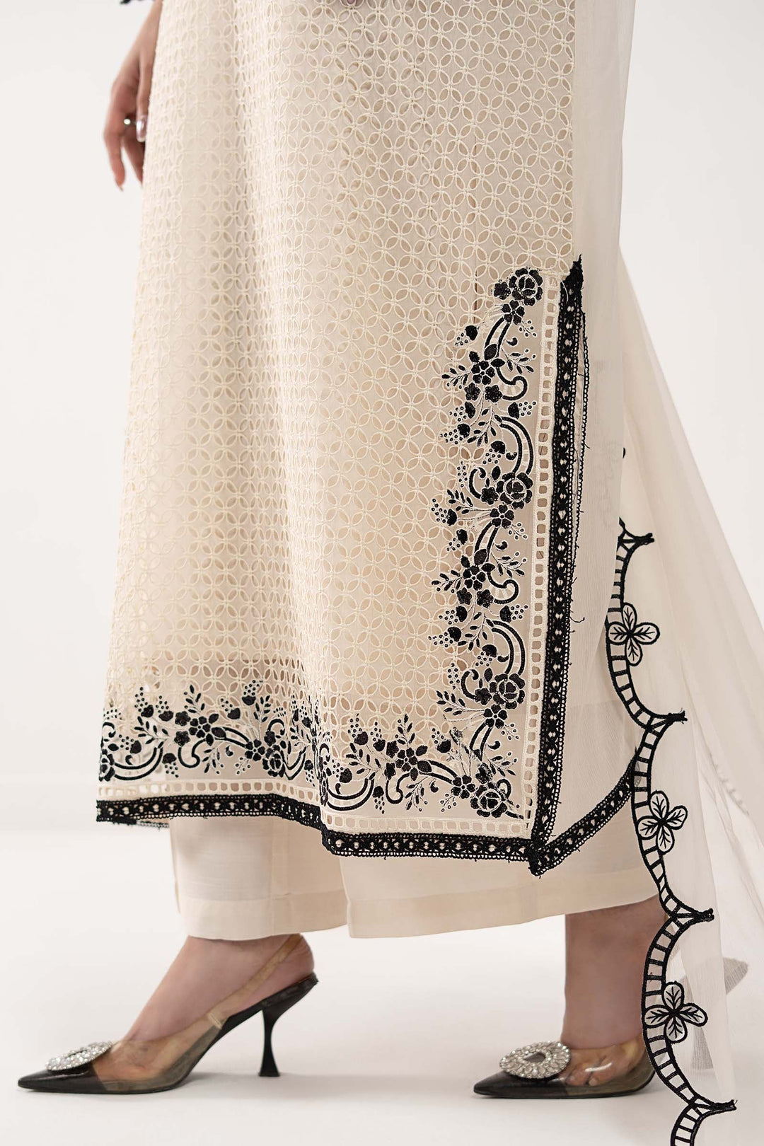 Cream Ivory Chiffon Suit With Jet Black Embroidery | Ready To Wear