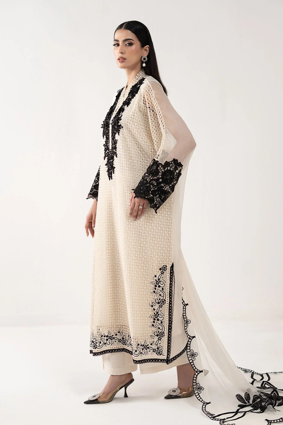 Cream Ivory Chiffon Suit With Jet Black Embroidery | Ready To Wear