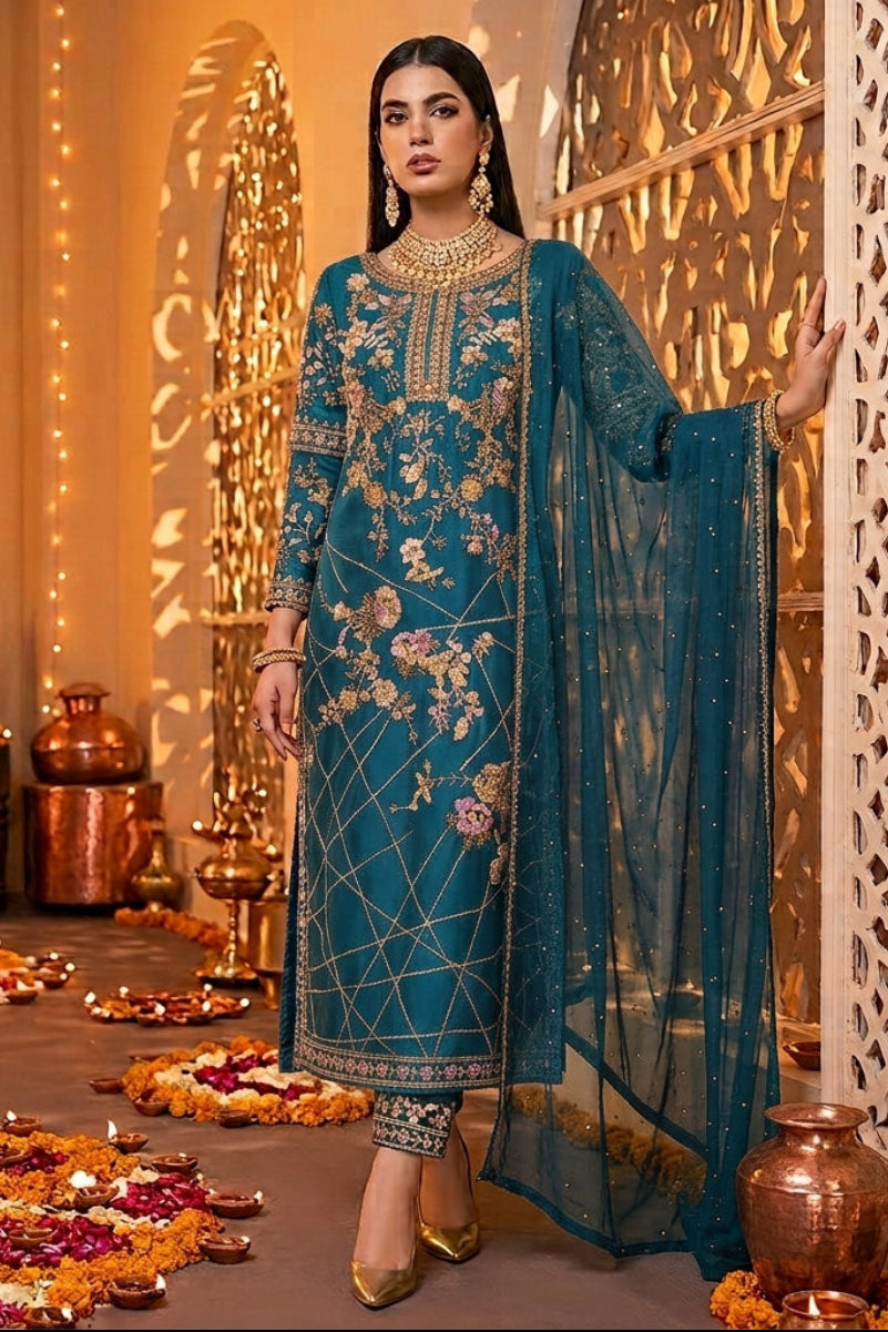 Bollywood Indian Anarkali Suit Set Heavy Santoon Embroidery Butterfly Net Dupatta  Party Wear