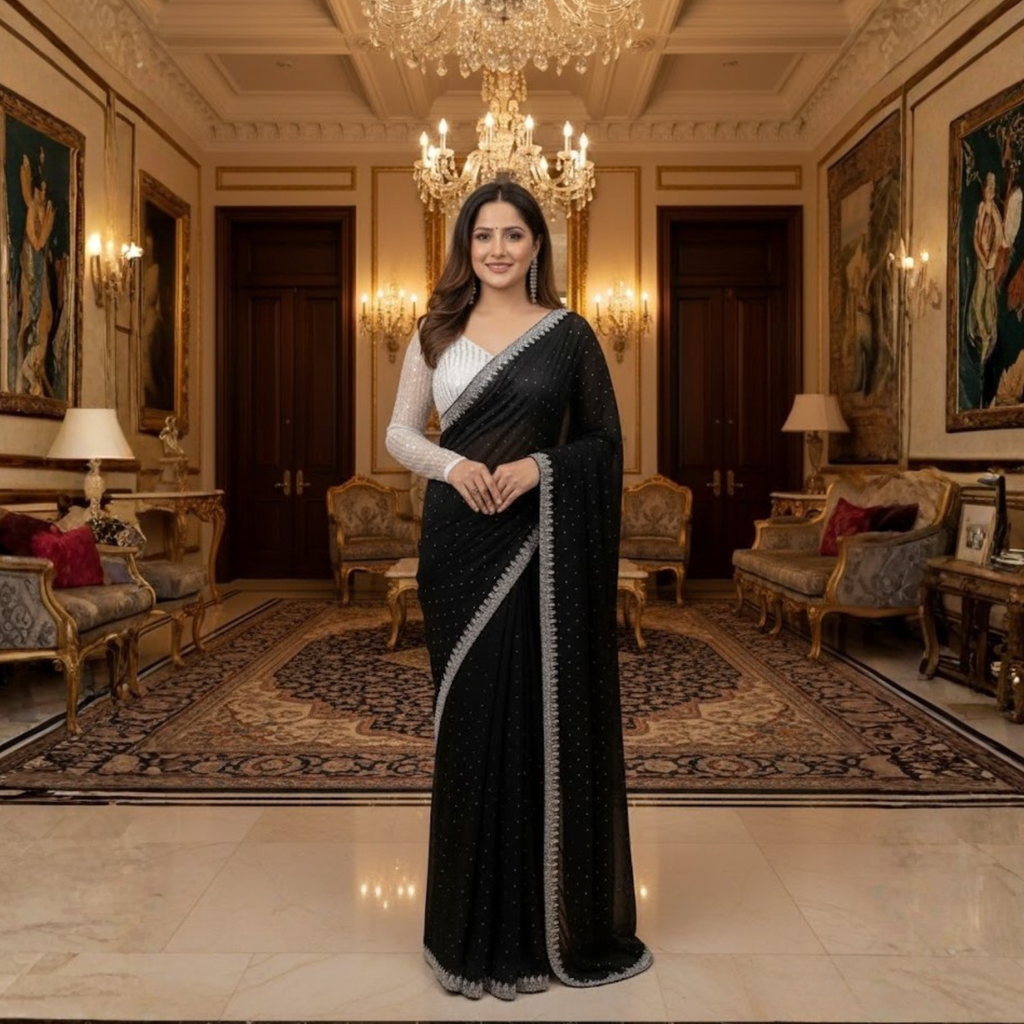 Georgette Saree with Blouse and Diamond Work For Women