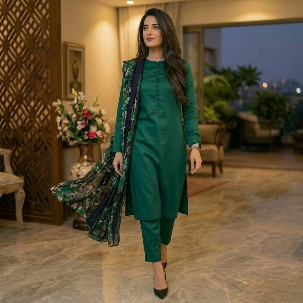 Plain 3PCS Suit Collection With Printed Dupatta  For Women 003