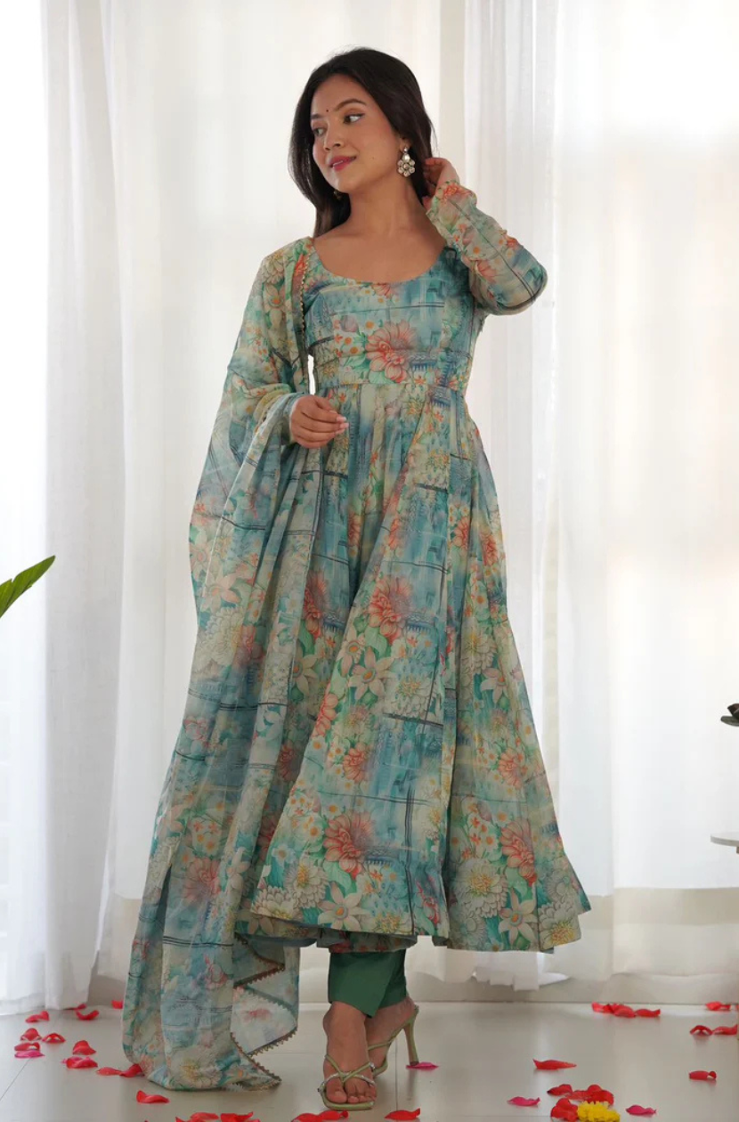 Aquatic Blue Digital Floral Printed Soft Organza Anarkali Gown