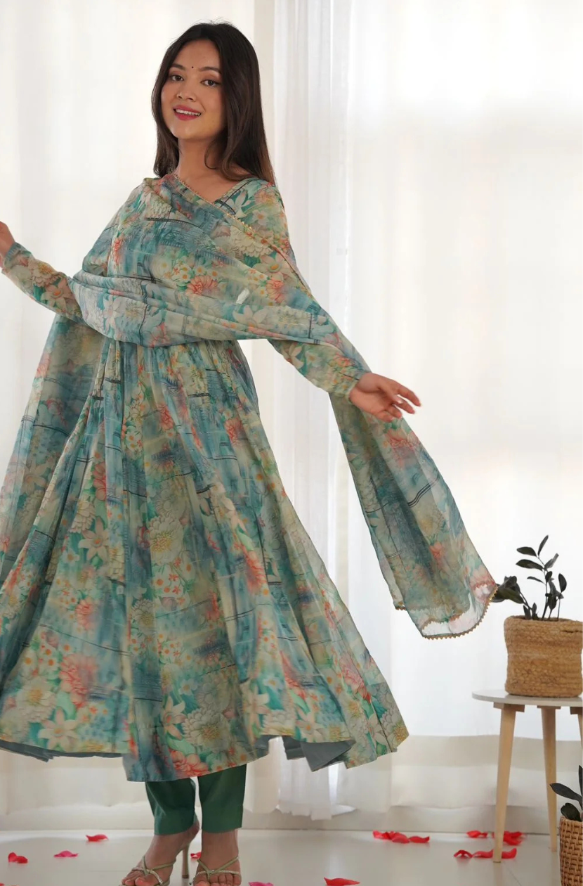 Aquatic Blue Digital Floral Printed Soft Organza Anarkali Gown