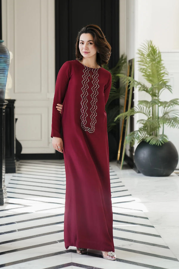 Shamoze Silk 3-Piece Suit with Embellished Neckline &amp; Lace Net Dupatta | Ready to Wear