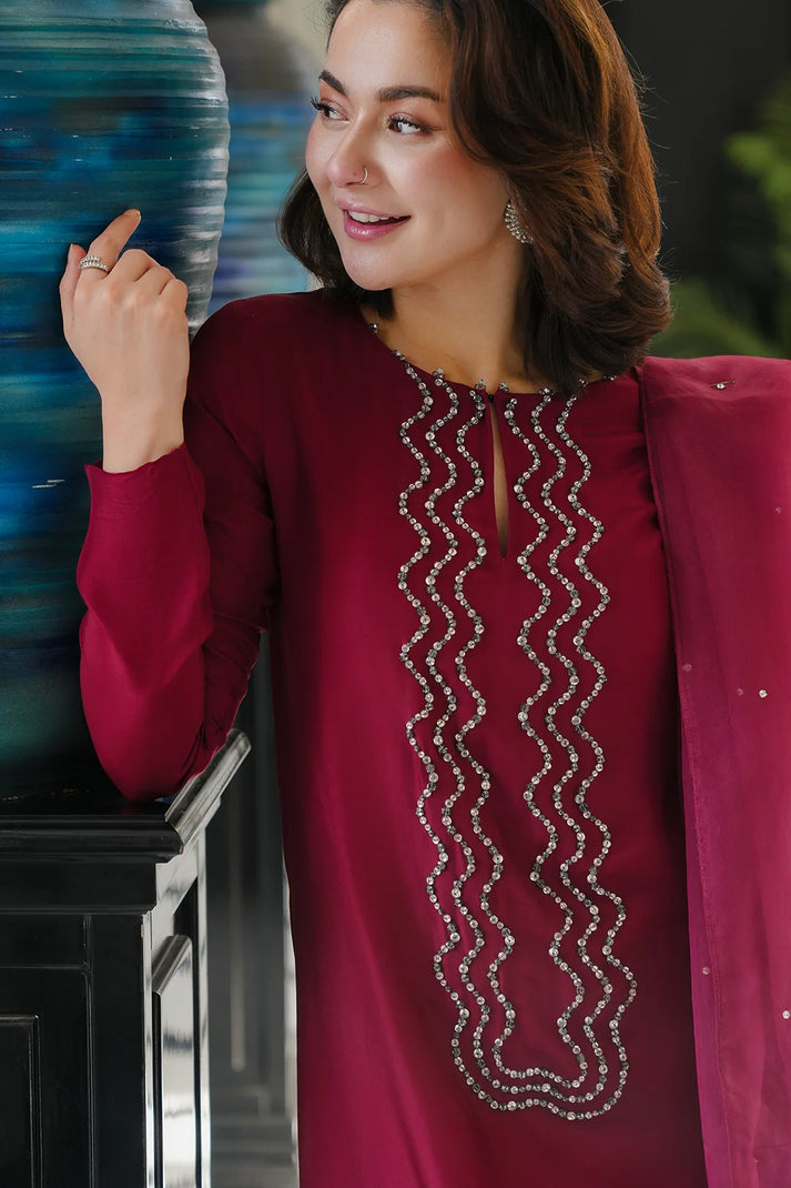 Shamoze Silk 3-Piece Suit with Embellished Neckline &amp; Lace Net Dupatta | Ready to Wear