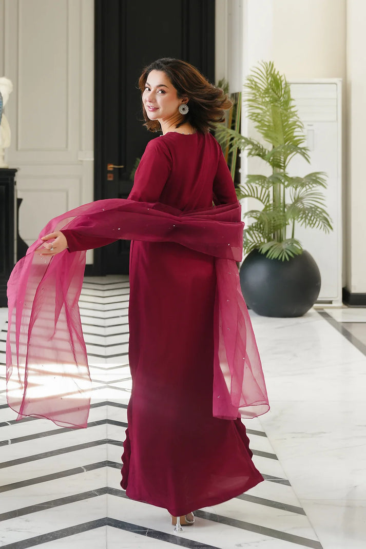 Shamoze Silk 3-Piece Suit with Embellished Neckline &amp; Lace Net Dupatta | Ready to Wear