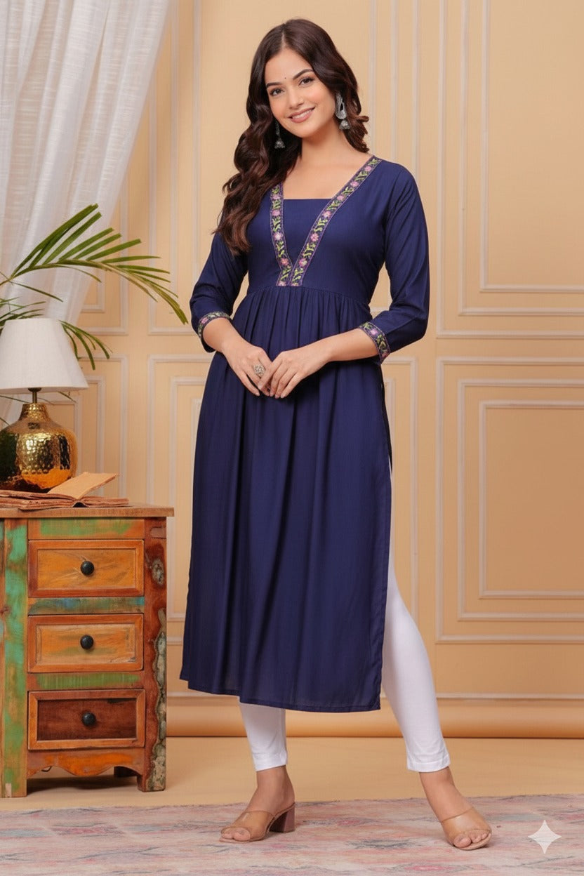 Elegant A-Line Cotton Kurti With Collar Embroidery Work  For Women 001