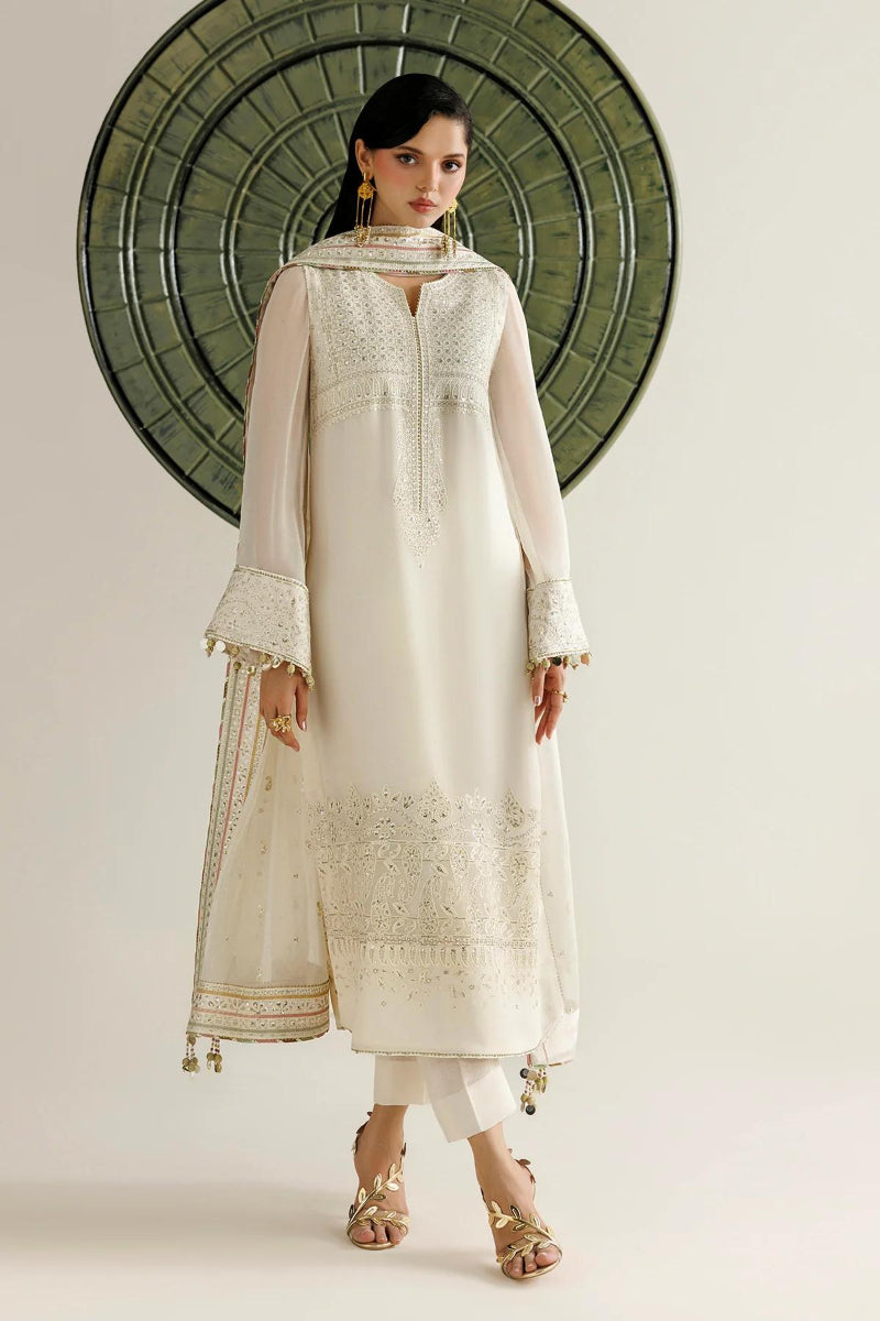 Elegant Ivory Semi Pure Chiffon Thread &amp; Sequence Embroidered Suit | ready to wear