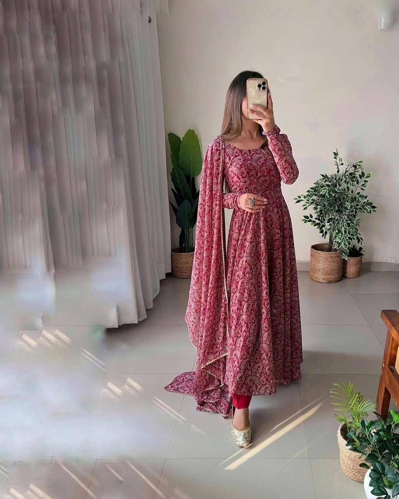 Maroon Georgette Gown Dress with Printed Design