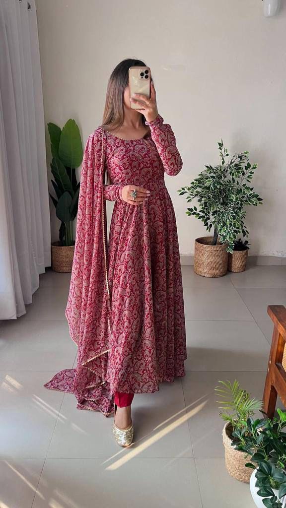 Maroon Georgette Gown Dress with Printed Design