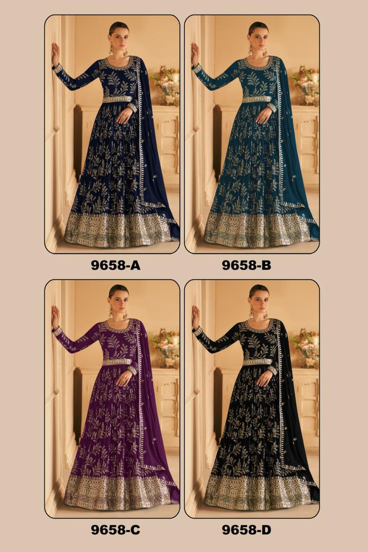 Sequins Work Embroidered Prussian  Anarkali Suit