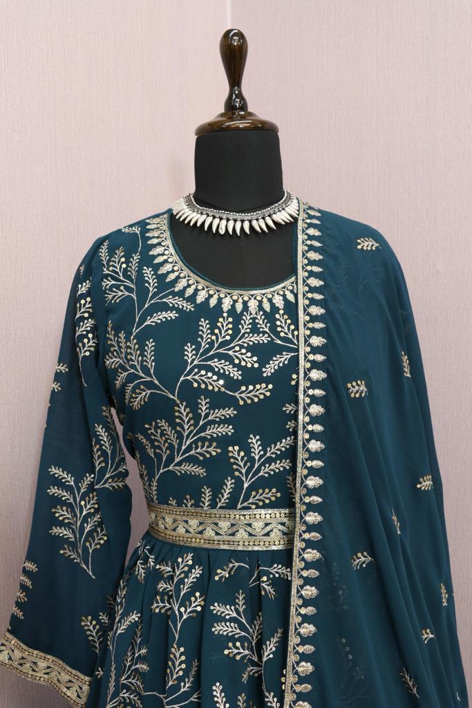 Sequins Work Embroidered Prussian  Anarkali Suit