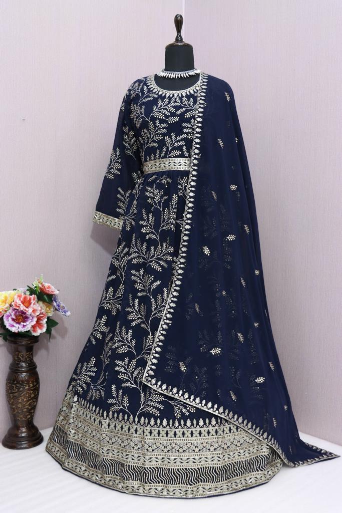 Sequins Work Embroidered Prussian  Anarkali Suit