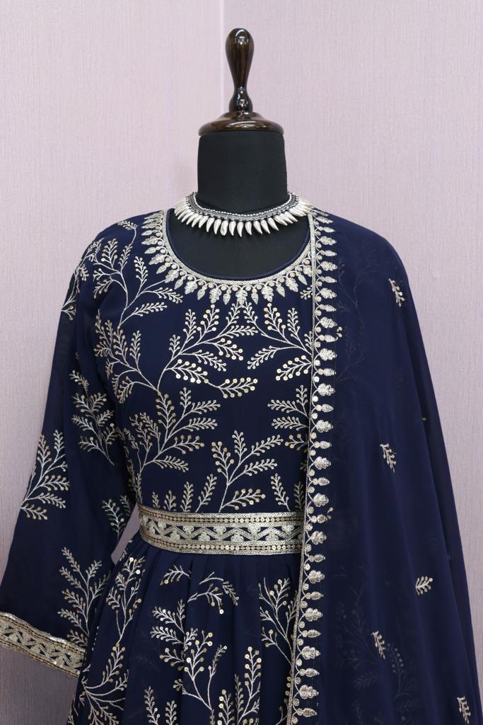 Sequins Work Embroidered Prussian  Anarkali Suit