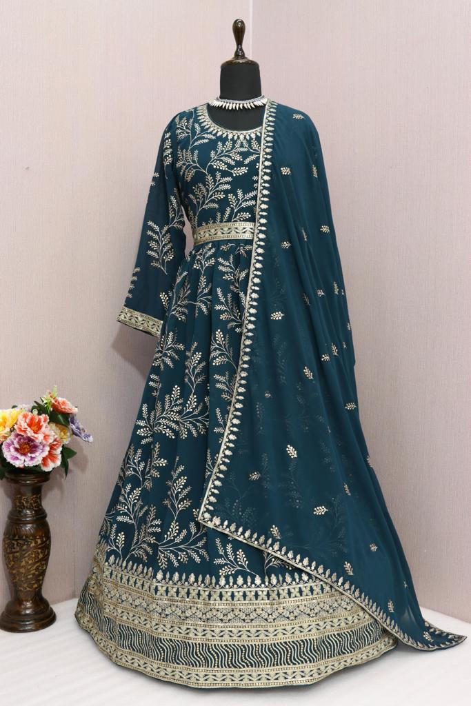 Sequins Work Embroidered Prussian  Anarkali Suit