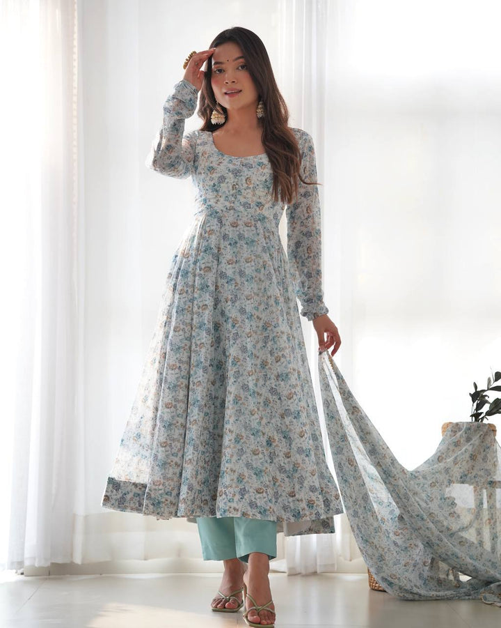 Organza Chiffon Floral Printed Gown With Dupatta Set