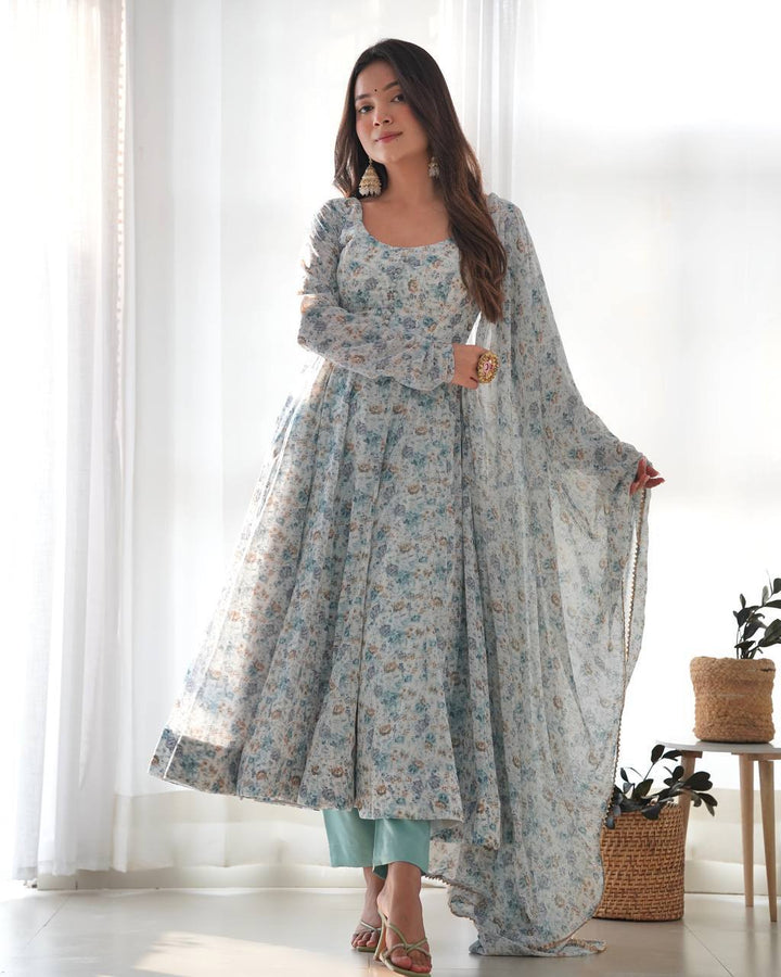 Organza Chiffon Floral Printed Gown With Dupatta Set