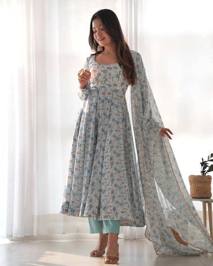 Organza Chiffon Floral Printed Gown With Dupatta Set