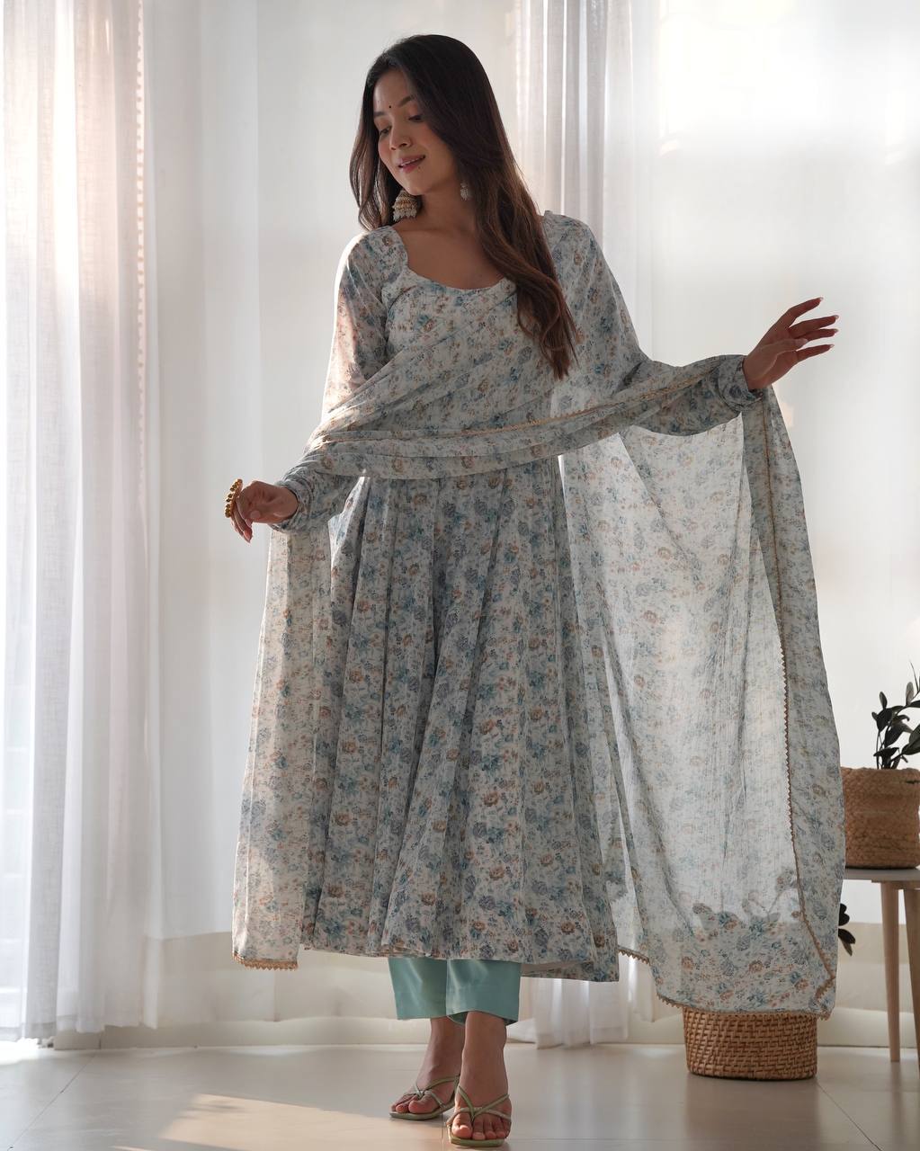 Organza Chiffon Floral Printed Gown With Dupatta Set