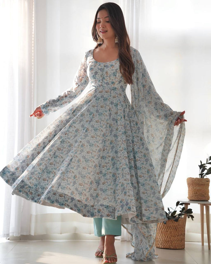 Organza Chiffon Floral Printed Gown With Dupatta Set