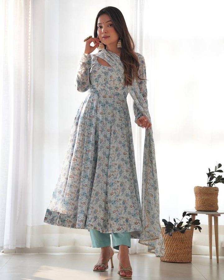 Organza Chiffon Floral Printed Gown With Dupatta Set