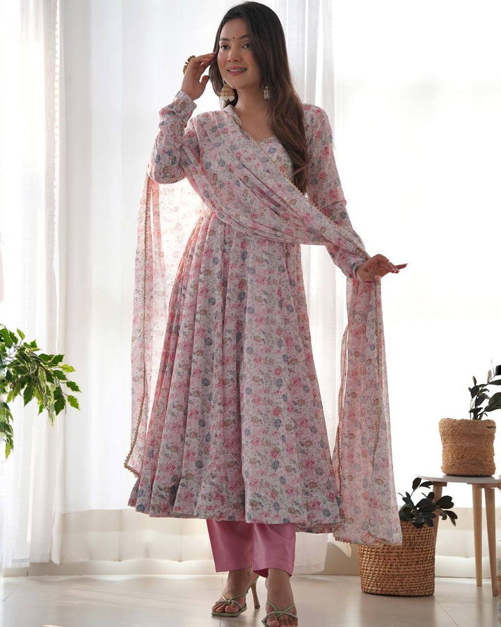 Organza Chiffon Floral Printed Gown With Dupatta Set