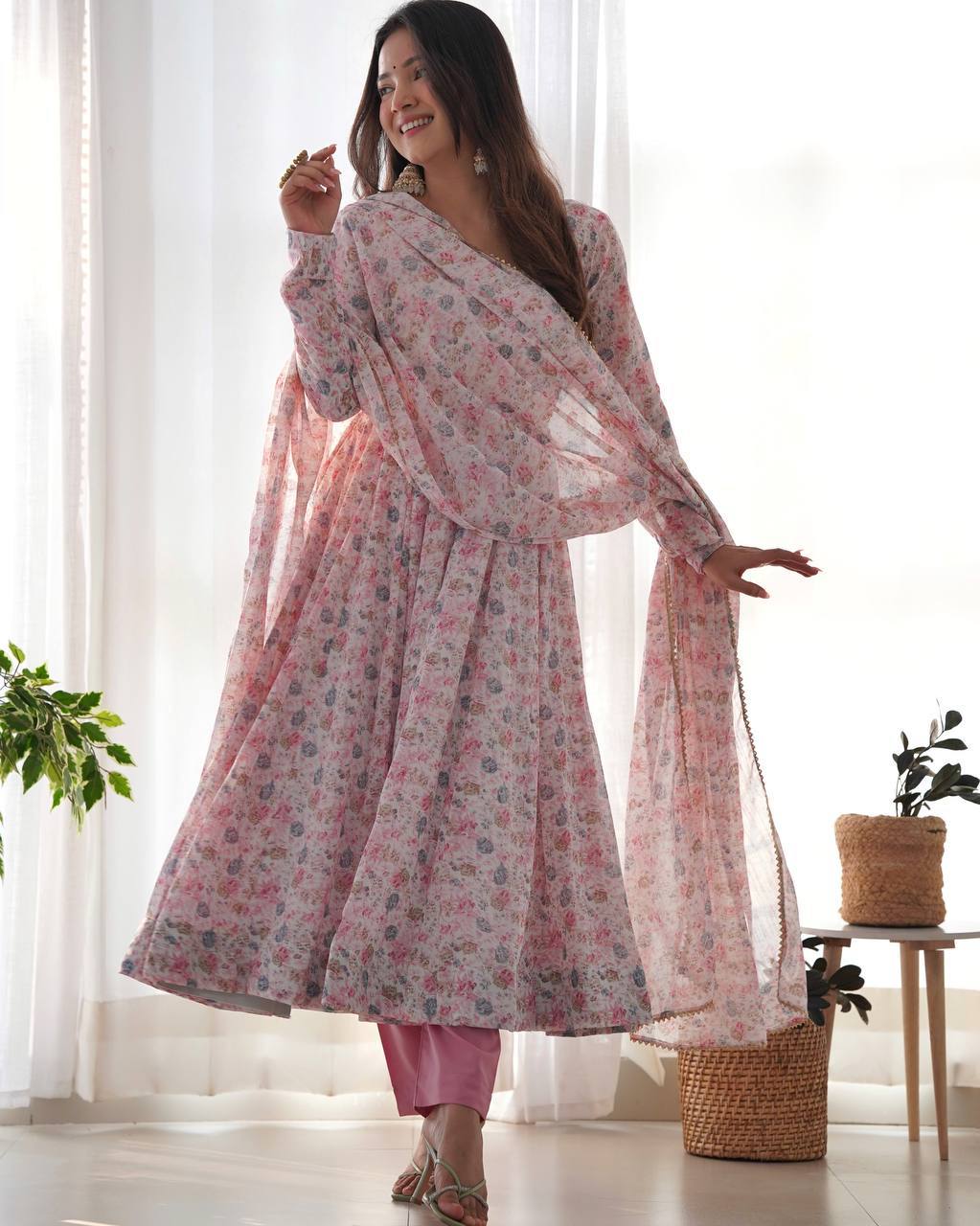 Organza Chiffon Floral Printed Gown With Dupatta Set