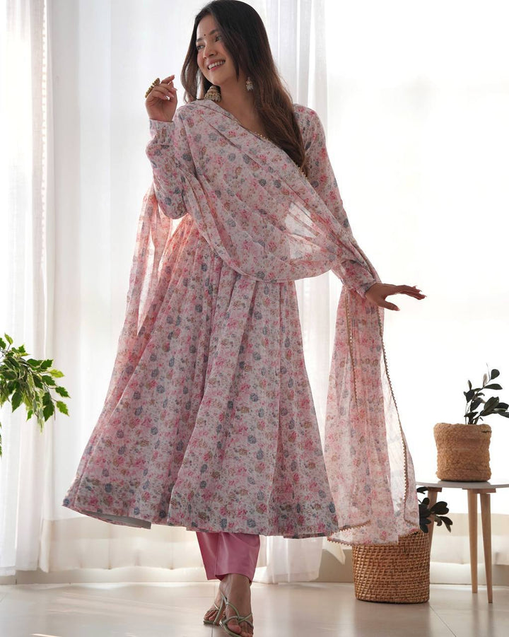 Organza Chiffon Floral Printed Gown With Dupatta Set