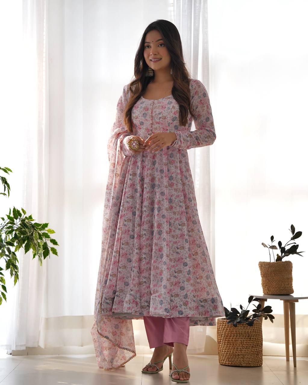 Organza Chiffon Floral Printed Gown With Dupatta Set