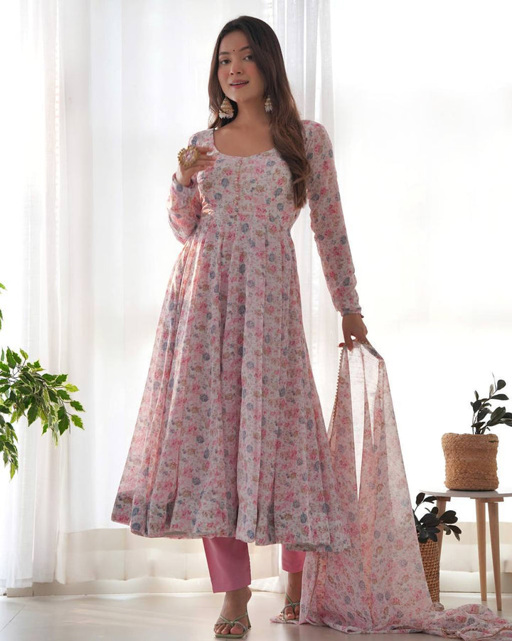 Organza Chiffon Floral Printed Gown With Dupatta Set