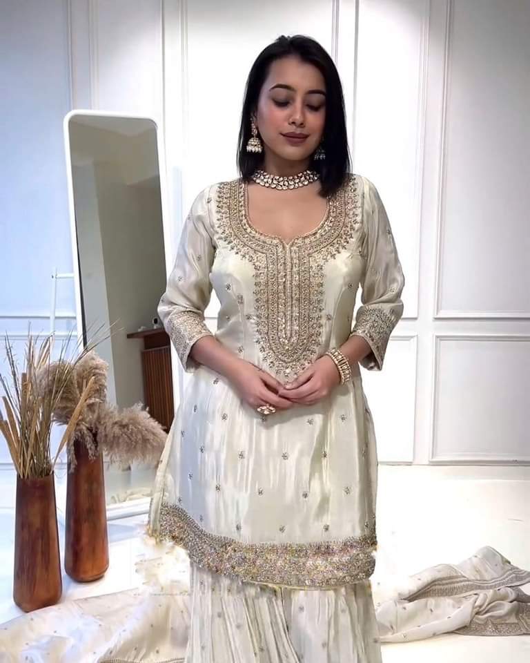 White Color Chinnon Silk Embroidery Sharara Suit