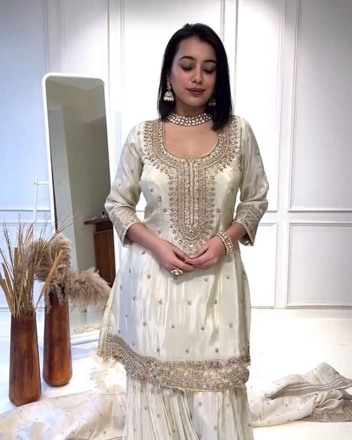 White Color Chinnon Silk Embroidery Sharara Suit