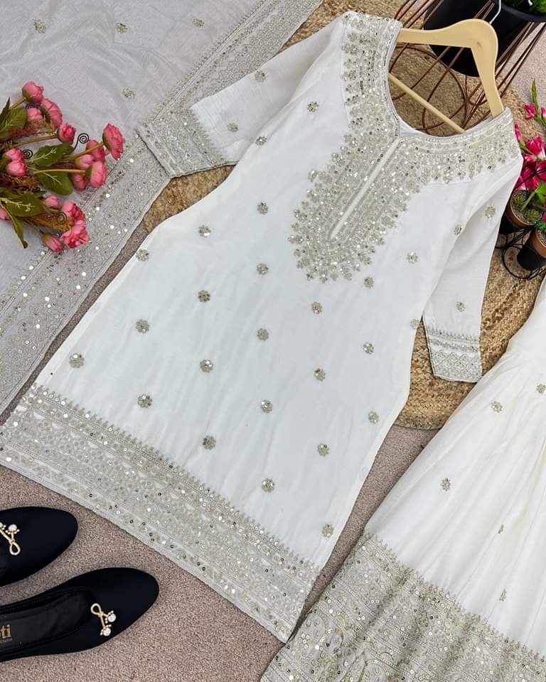 White Color Chinnon Silk Embroidery Sharara Suit