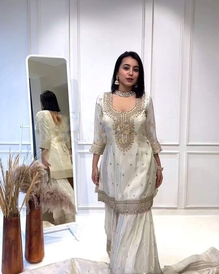 White Color Chinnon Silk Embroidery Sharara Suit