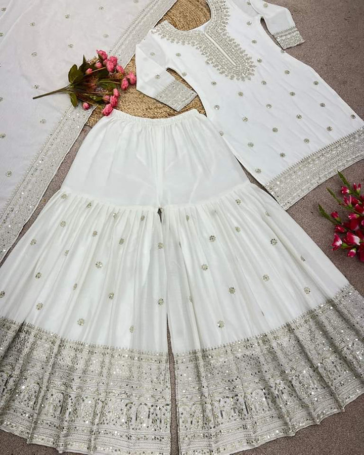 White Color Chinnon Silk Embroidery Sharara Suit