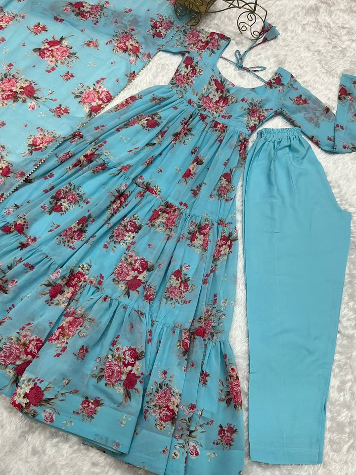 SKY BLUE COLOR SOFT GEORGETTE RUFFLE STYLE THREE PIECE ANARKALI SUIT