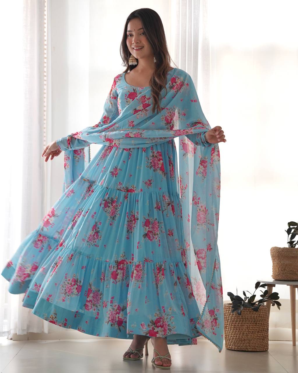 SKY BLUE COLOR SOFT GEORGETTE RUFFLE STYLE THREE PIECE ANARKALI SUIT