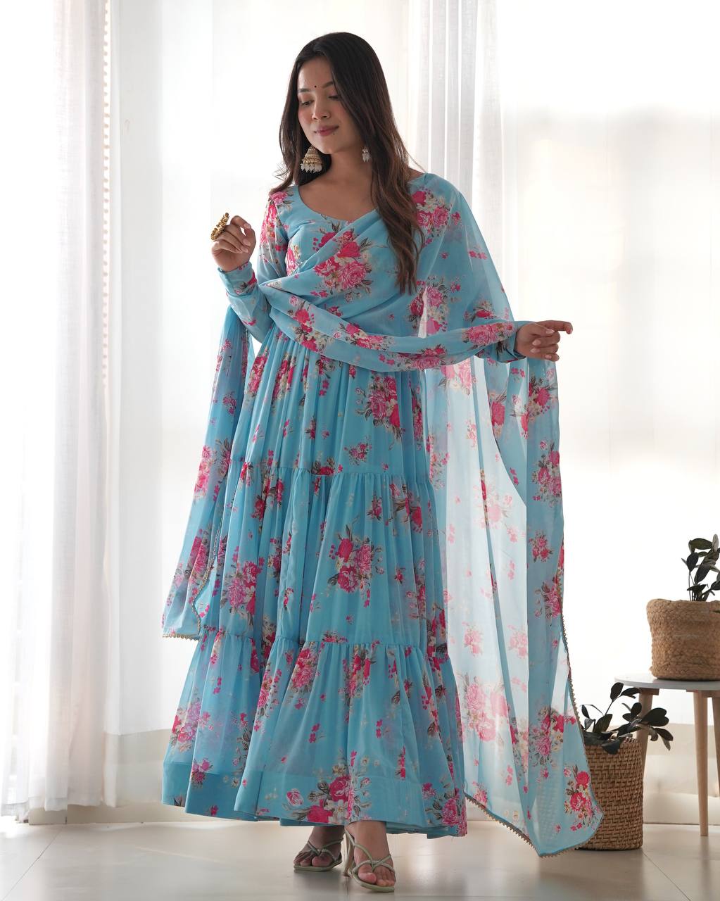 SKY BLUE COLOR SOFT GEORGETTE RUFFLE STYLE THREE PIECE ANARKALI SUIT